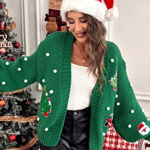 Sweaters - Green Christmas Sweater with Festive Embellishments